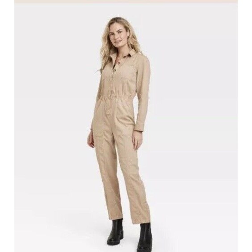 Women's Khaki Long Sleeve Button Front Coverall Jumpsuit-Universal‎ Thread-Sz 4